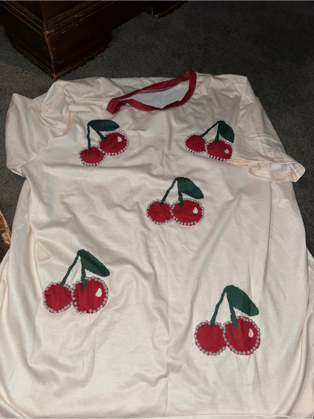 SHEIN White Cherry Appliqué Short Sleeve Top with Red Trim